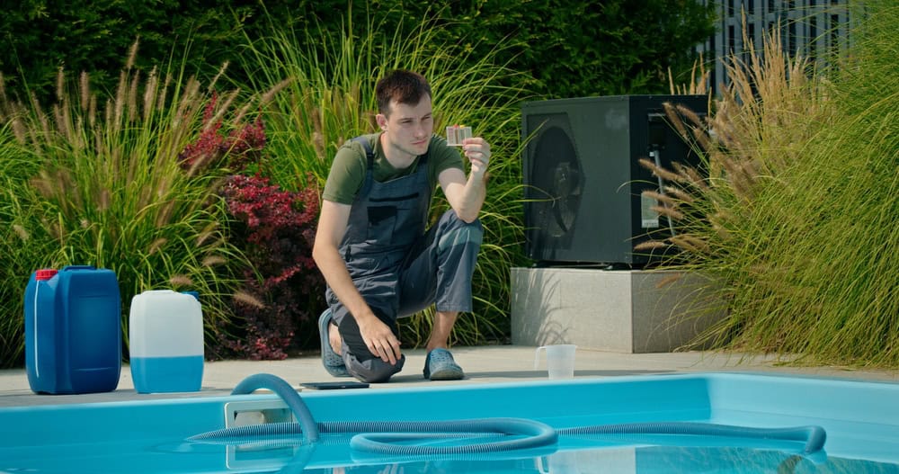 A man in overalls kneels by a swimming pool, holding a water sample in a small container. Large water jugs and pool cleaning equipment are nearby, with tall green plants in the background.