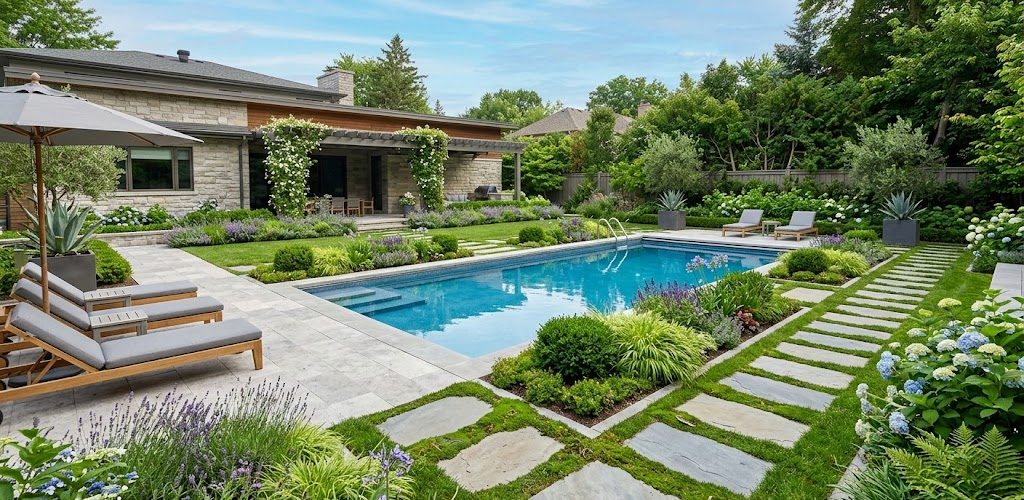 A successful rectangular pool landscape blends hardscape
