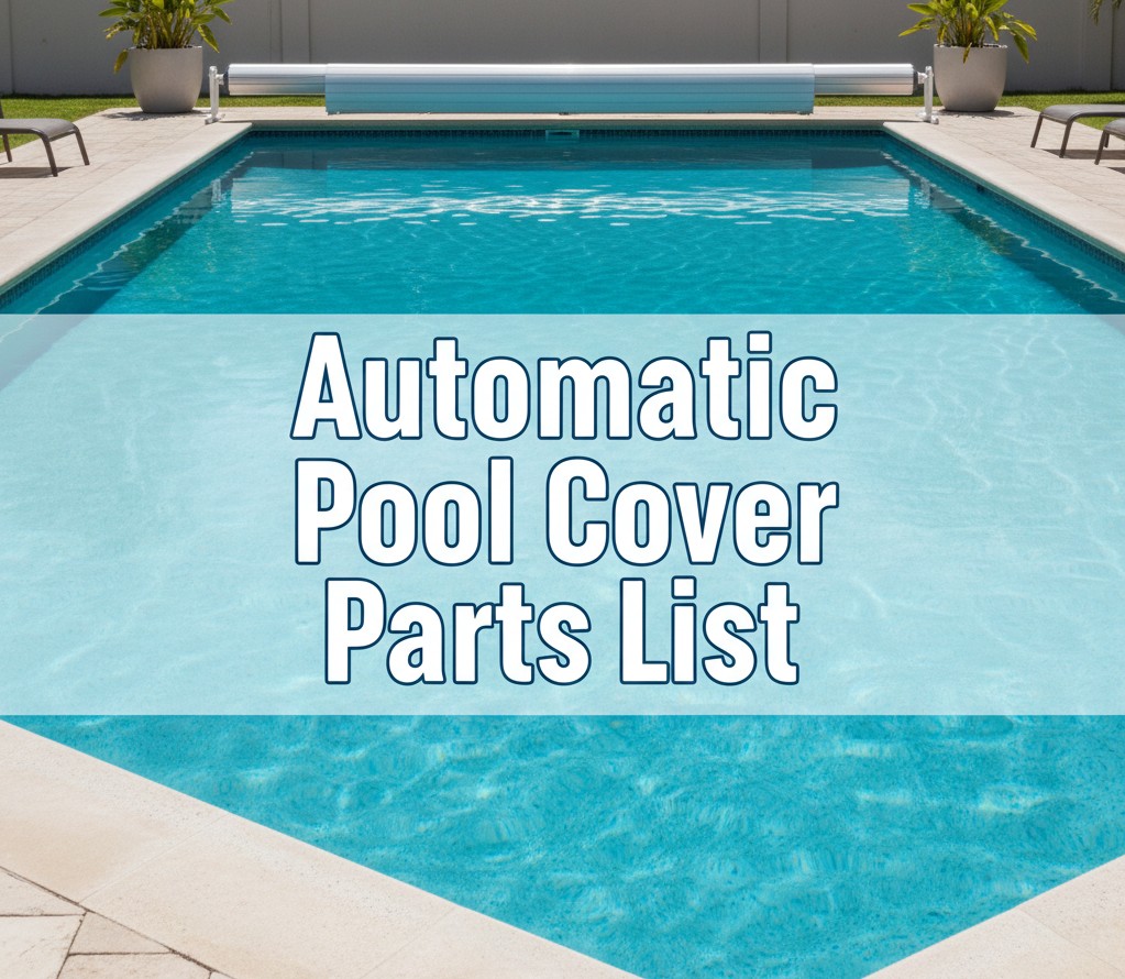 A swimming pool with a rolled-up automatic cover at one end. Text over the pool reads, “Automatic Pool Cover Parts List.” There are potted plants at the corners and a tiled pool deck.