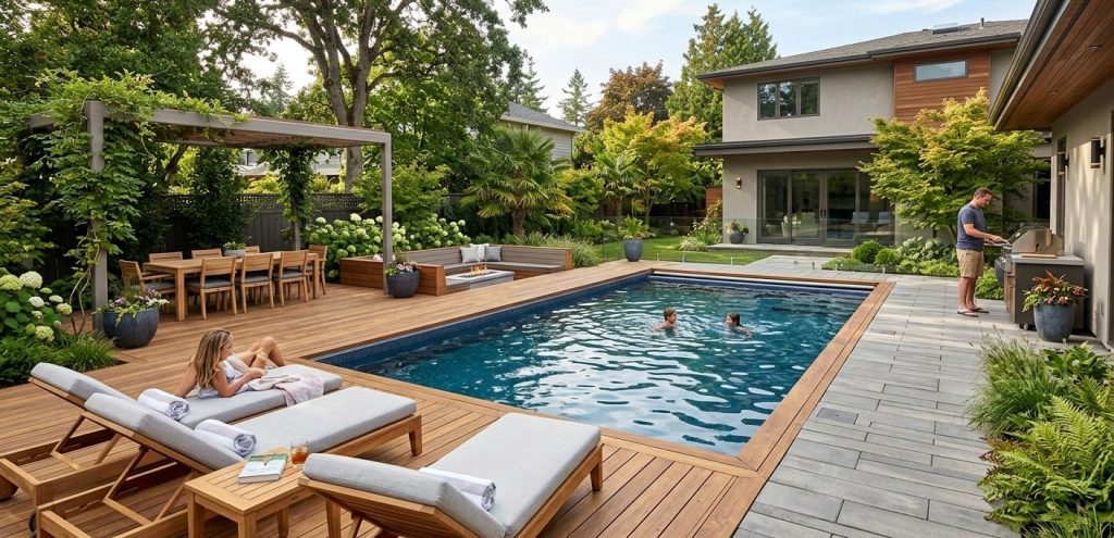 Decking around a rectangular pool