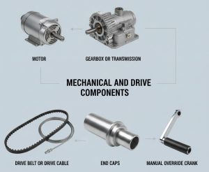 Diagram showing mechanical and drive components: a motor, gearbox or transmission, drive belt or drive cable, end caps, and a manual override crank, each labeled with images and connected by arrows.