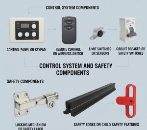Diagram showing control system and safety components: control panel/keypad, remote control/switch, limit switches/sensors, circuit breaker/safety switches, locking mechanism/latch, safety edges, and child safety features.
