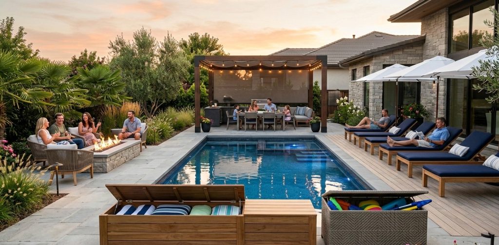 functional elements around a rectangular pool