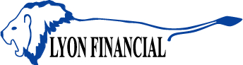 A blue outline of a lion's head and tail appears above the bold black text "LYON FINANCIAL" on a white background.