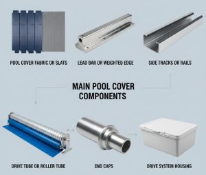 Labeled diagram showing main pool cover components: pool cover fabric or slats, lead bar or weighted edge, side tracks or rails, drive tube or roller tube, end caps, and drive system housing.