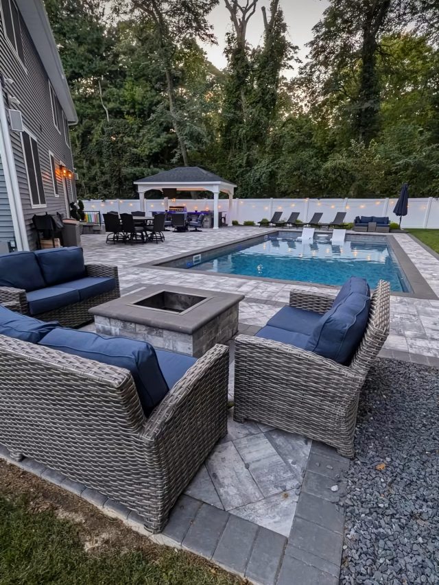 This beautiful project centers around an 
18’ x 36’ vinyl-lined, concrete-walled pool, designed with an 8’ wide sundeck up front, an 18’ deep-end bench, and a 5’ cocktail-style deep end — giving you space to lounge, gather, and relax all in one layout.

💡🩵Finished with mini LED color-changing lights, deck jets, and a Merlin Island Granite liner to bring everything to life.

Surrounded by Cambridge Ledgestone XI pavers in Limestone Quarry with 6” x 12” Raven bullnose coping.

Off to the side, a 14’ x 16’ custom PVC pavilion anchors the space with a 12’ x 14’ L-shaped outdoor kitchen, complete with a Bull 40” BBQ, 30” griddle, mini refrigerator, and sink.

Simple on the surface. Thought through in every detail.
—
📍 Long Island, NY 📞 (631) 480-7664 🌐 harborpoolandpatio.com

#longislandhomes #backyarddesign #custompool #outdoorliving #patiodesign
